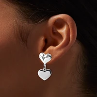 Silver-tone Puffy Double Heart Drop Earrings