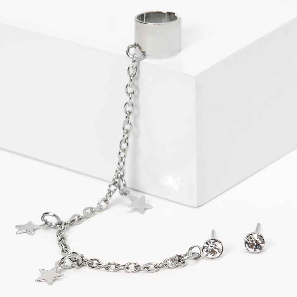 Silver-tone Crystal Star Ear Connector Earrings
