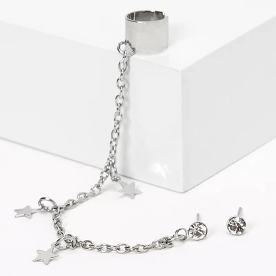 Silver-tone Crystal Star Ear Connector Earrings