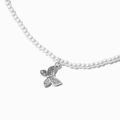 Pearl Beaded Pavé Butterfly Pendant Necklace