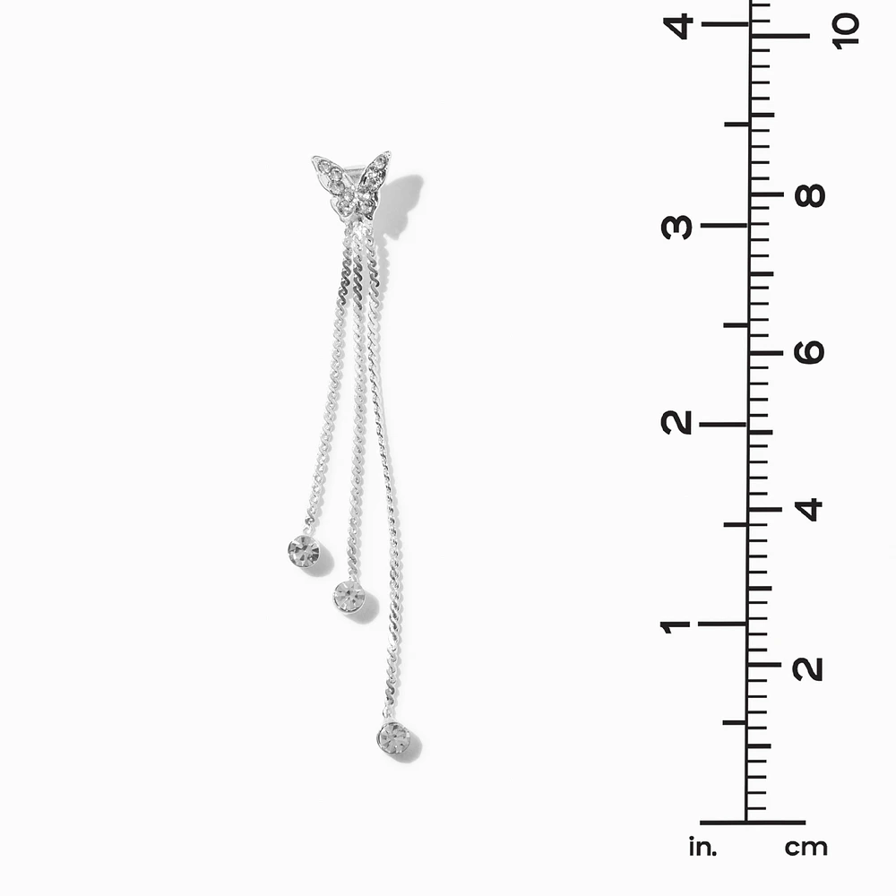 Crystal Butterfly Silver-tone Chain Fringe 3" Drop Earrings