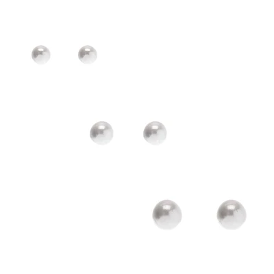Graduated White Pearl Stud Earrings - 3 Pack