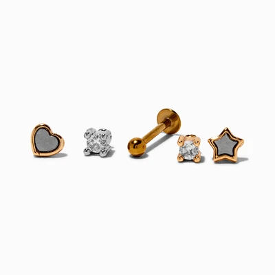 Mixed Metal Stainless Steel Cubic Zirconia Star, Heart & Stud Multi Changeable Flat Back 18G Tragus Earrings - 5 Pack