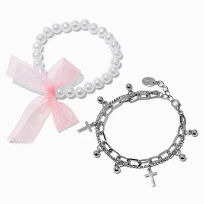 Pink Bow Pearl & Silver-tone Cross Chain Multi-Strand Bracelet Set - 2 Pack