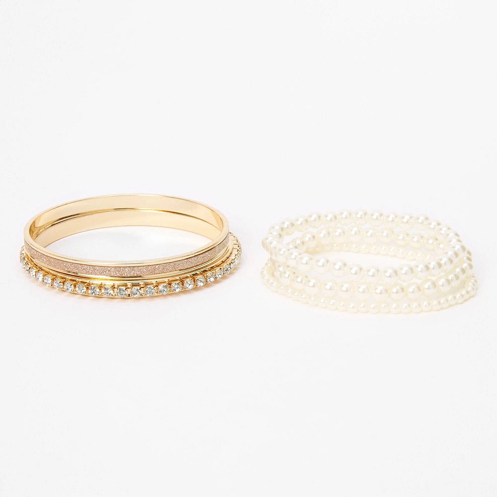 Claire's Club Gold-tone Bangle & Pearl Stretch Bracelet Set - 5 Pack