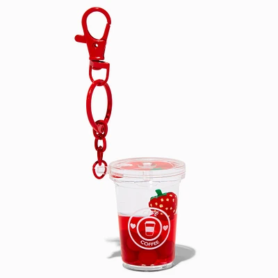 Strawberry Coffee Water-Filled Glitter Keychain