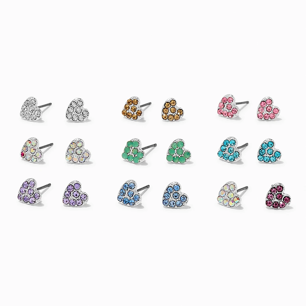 Pastel Crystal Heart Stud Earrings - 9 Pack 