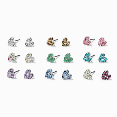 Pastel Crystal Heart Stud Earrings - 9 Pack 