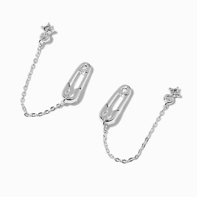 Silver-tone Safety Pin & Starburst Connector Chain Stud Earrings