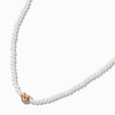 Gold-tone Heart Pendant Pearl Necklace 