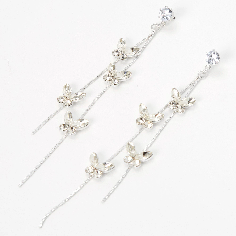 Silver-tone Cubic Zirconia Butterflies Linear Drop Earrings