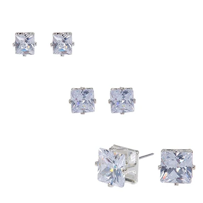 Silver-tone Cubic Zirconia 5mm, 6mm, & 7mm Square Stud Earrings - 3 Pack 