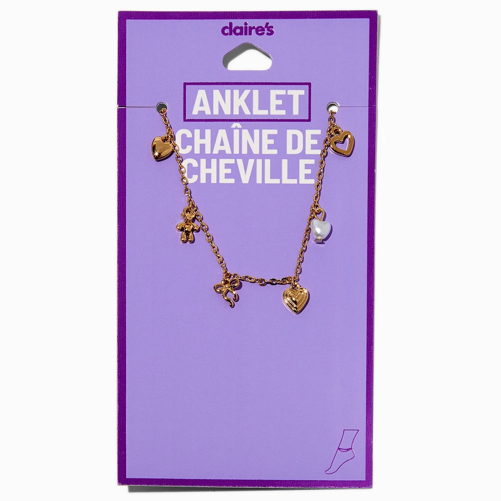 Gold-tone Heart & Pearl Charm Anklet