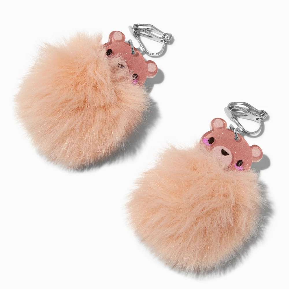 Brown Bear Pom Pom 1.5" Clip-On Drop Earrings