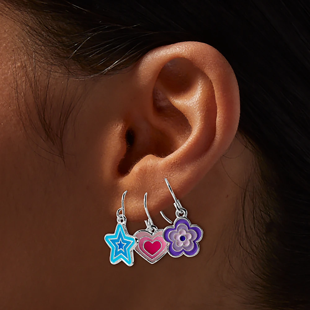Star, Heart & Daisy Burst Drop Earring Stackables Set - 3 Pack