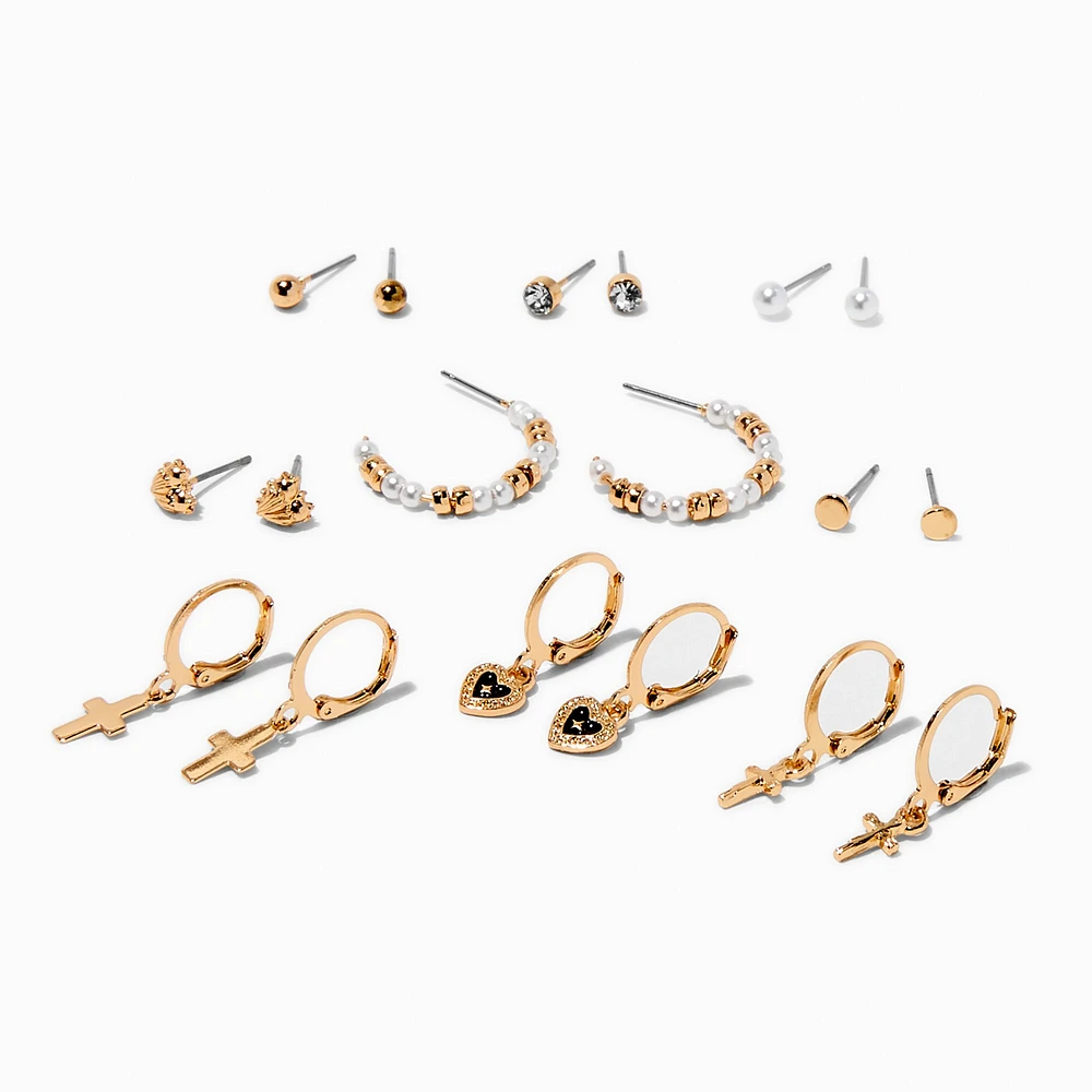 Gold-tone Pearl & Crosses Stackables Earring Set - 9 Pack