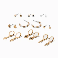 Gold-tone Pearl & Crosses Stackables Earring Set - 9 Pack