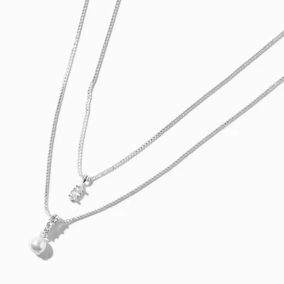 Silver-tone Double Cubic Zirconia & Pearl Multi-Strand Necklace 