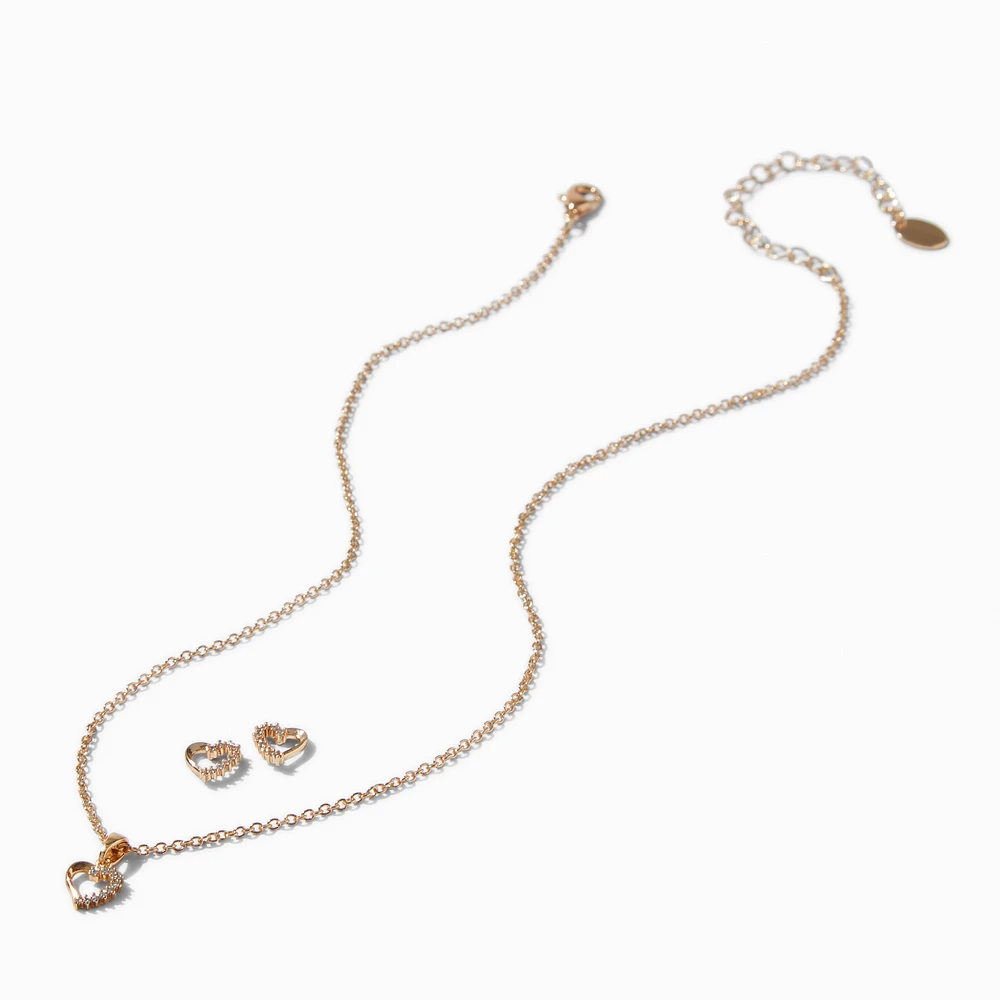 Gold-tone Cubic Zirconia Heart Pendant Necklace & Stud Earrings Set 