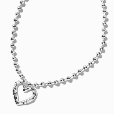 Silver-tone Melted Heart Pendant Shot Bead Necklace 