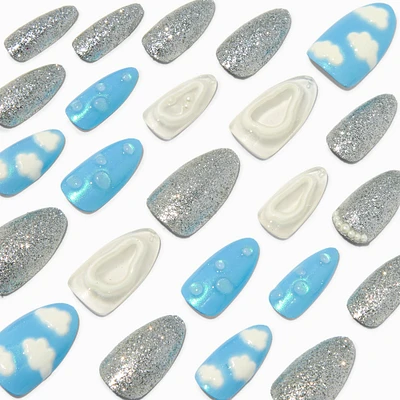 Blue Puffy Clouds Stiletto Vegan Faux Nail Set - 24 Pack