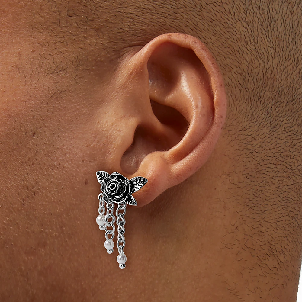 Carved Rose & Pearl Chains Drop Earrings 