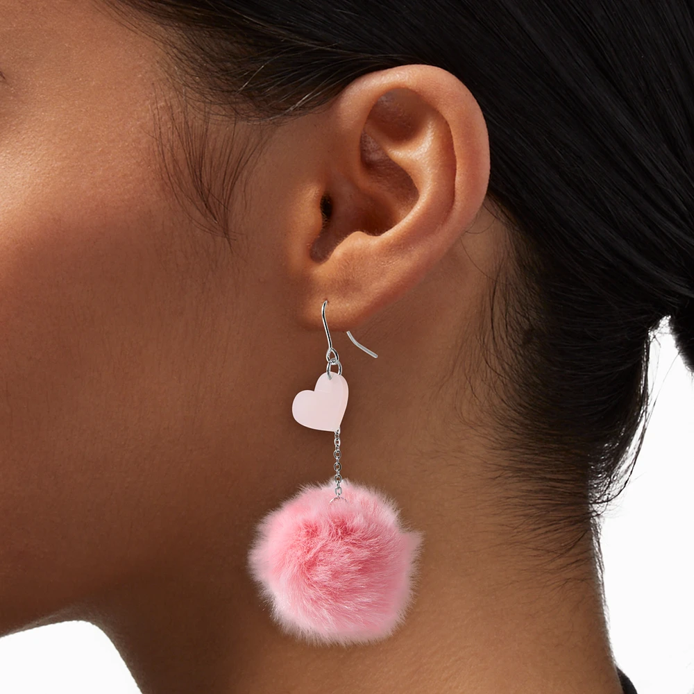 Pink Heart Glow in the Dark Pom Pom 3'' Drop Earrings