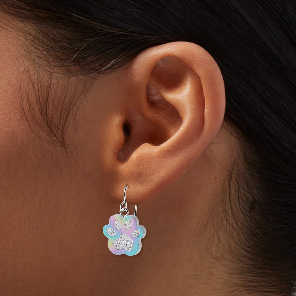 Rainbow Glitter Paw 0.5" Drop Earrings 
