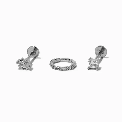 Silver-tone Stainless Steel Cubic Zirconia 18G Square & Marquise Stud & Hoop Threadless Cartilage Earrings - 3 Pack
