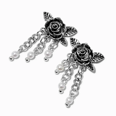 Carved Rose & Pearl Chains Drop Earrings 