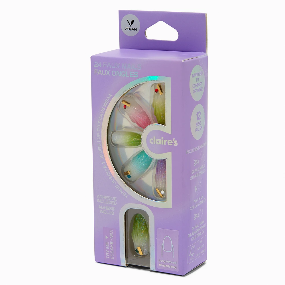 Holographic Seashell Long Almond Vegan Faux Nail Set - 24 Pack
