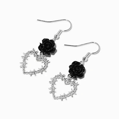 Black Rose Barbed Wire Heart 1" Drop Earrings 
