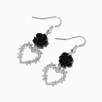 Black Rose Barbed Wire Heart 1" Drop Earrings 
