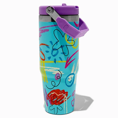 Aqua Doodle Flip Straw Top Handle Stainless Steel Water Bottle