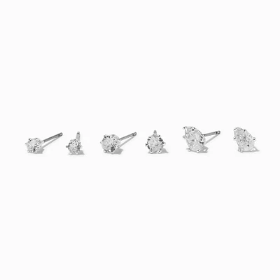 Silver-tone Cubic Zirconia Round & Teardrop Stud Earrings - 3 Pack 