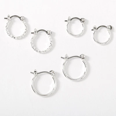 Silver-tone Graduated Textured Hinge Hoop Earrings - 3 Pack