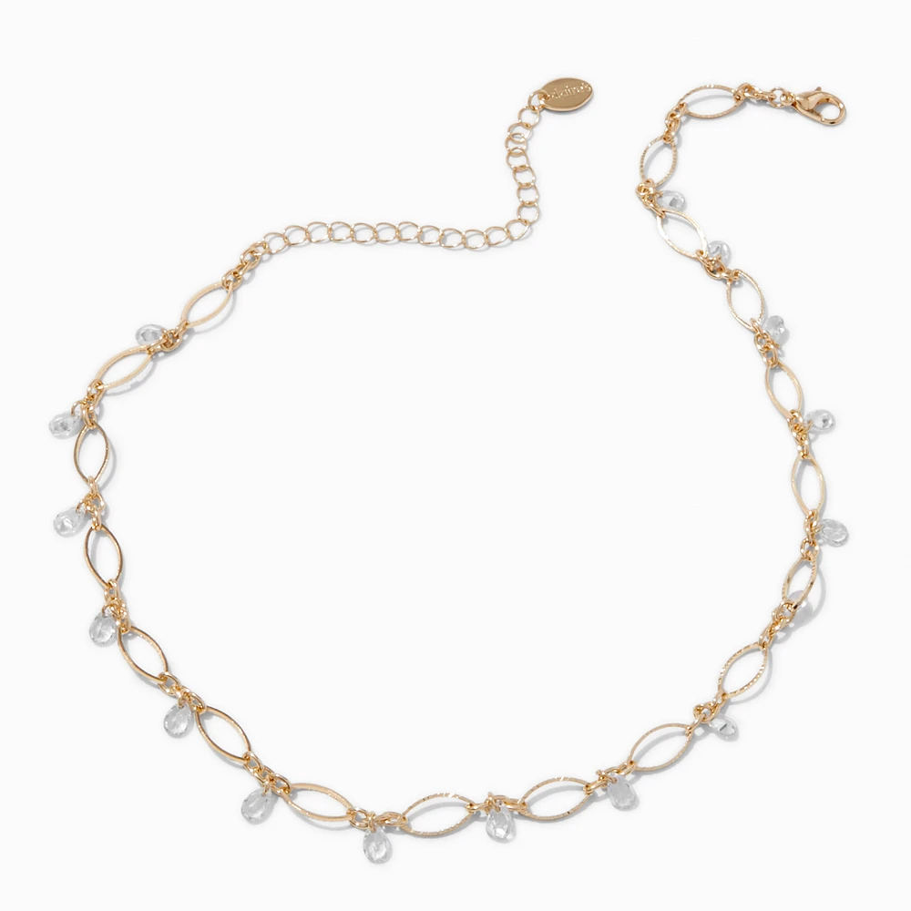 Gold-tone Cubic Zirconia Delicate Oval Dangle Choker Necklace