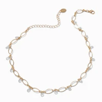 Gold-tone Cubic Zirconia Delicate Oval Dangle Choker Necklace
