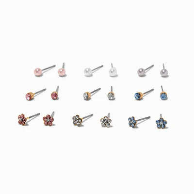 Rainbow Crystal, Flower & Pearl Stud Earrings - 9 Pack