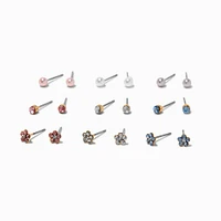 Rainbow Crystal, Flower & Pearl Stud Earrings - 9 Pack