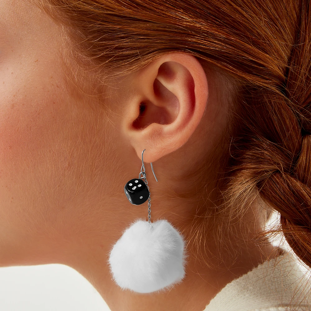 Black Dice White Pom Pom 3'' Drop Earrings