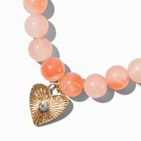 Gold-tone Textured Heart Charm Beaded Stretch Bracelet