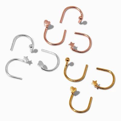 22G Mixed Metal Sterling Silver Star, Hearts, & Balls U-Shaped Nose Studs - 9 Pack 