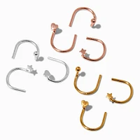22G Mixed Metal Sterling Silver Star, Hearts, & Balls U-Shaped Nose Studs - 9 Pack 