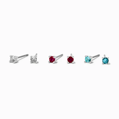 Silver-tone Cubic Zirconia 3mm Clear, Fuchsia, & Aqua Stud Earrings - 3 Pack