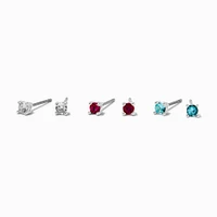 Silver-tone Cubic Zirconia 3mm Clear, Fuchsia, & Aqua Stud Earrings - 3 Pack