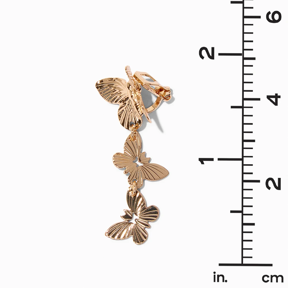Gold 1.5" Butterfly Clip-On Drop Earrings