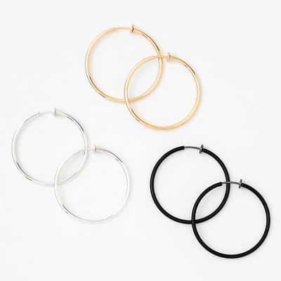 Mixed Metal 40mm Clip-On Hoop Earrings - 3 Pack