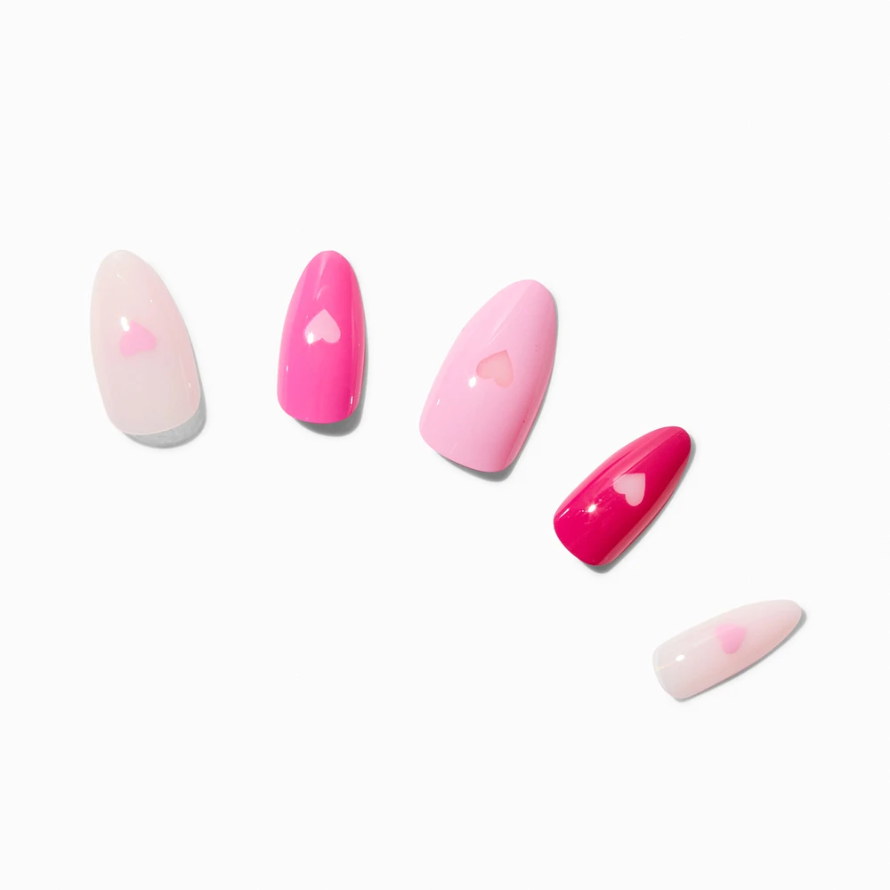 Pink Heart Long Almond Vegan Faux Nails - 24 Pack