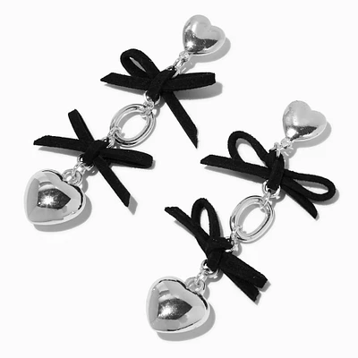 Silver-tone Puffy Heart Black Bow Linear Drop Earrings